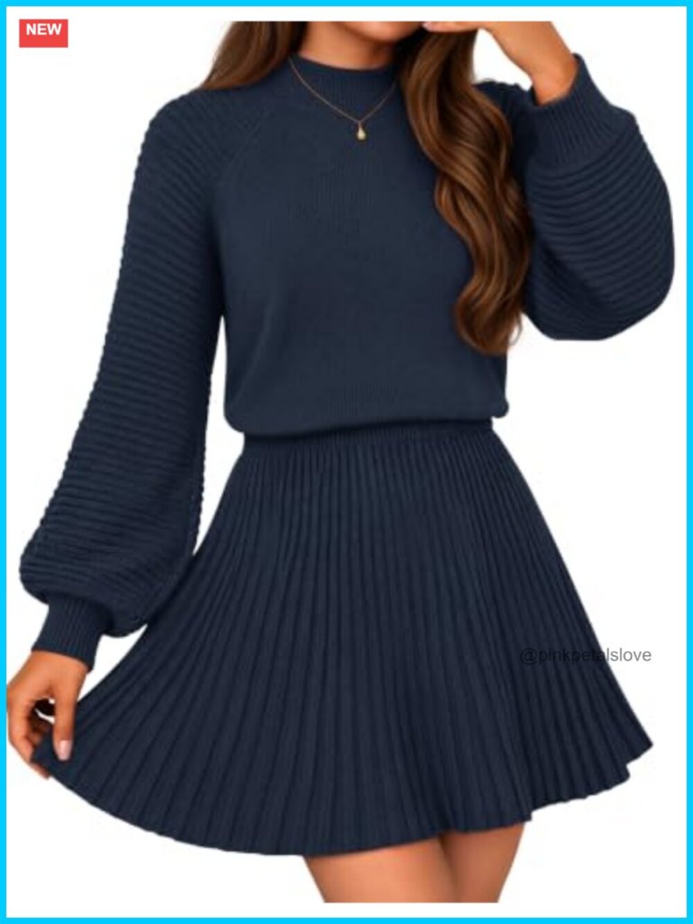 Women's Knit Two Piece Outfit Mini Pleated Skirt Set Long Sleeve Sweater Dress